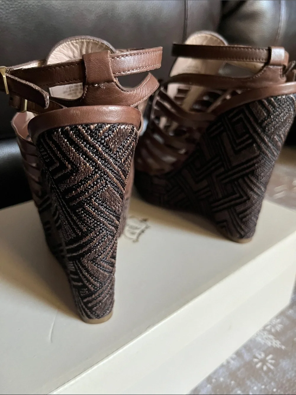 Joan & David Dastephy Brown Leather Caged Wedge Sandal Embroidered Platform